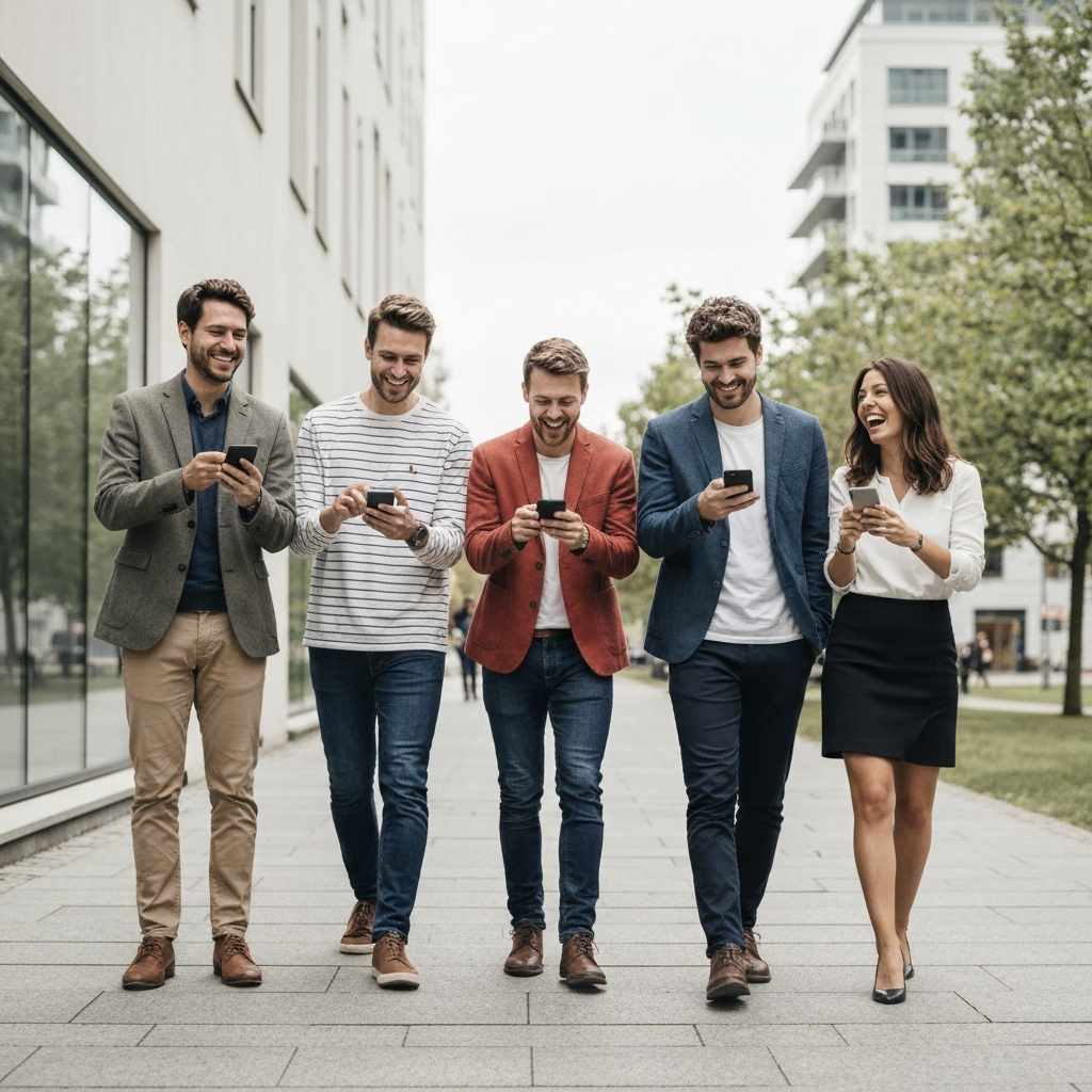 A vibrant park scene. A group of friends is walking and playing Pokémon GO on their smartphones. They are laughing and pointing at their screens, clearly enjoying each other's company.