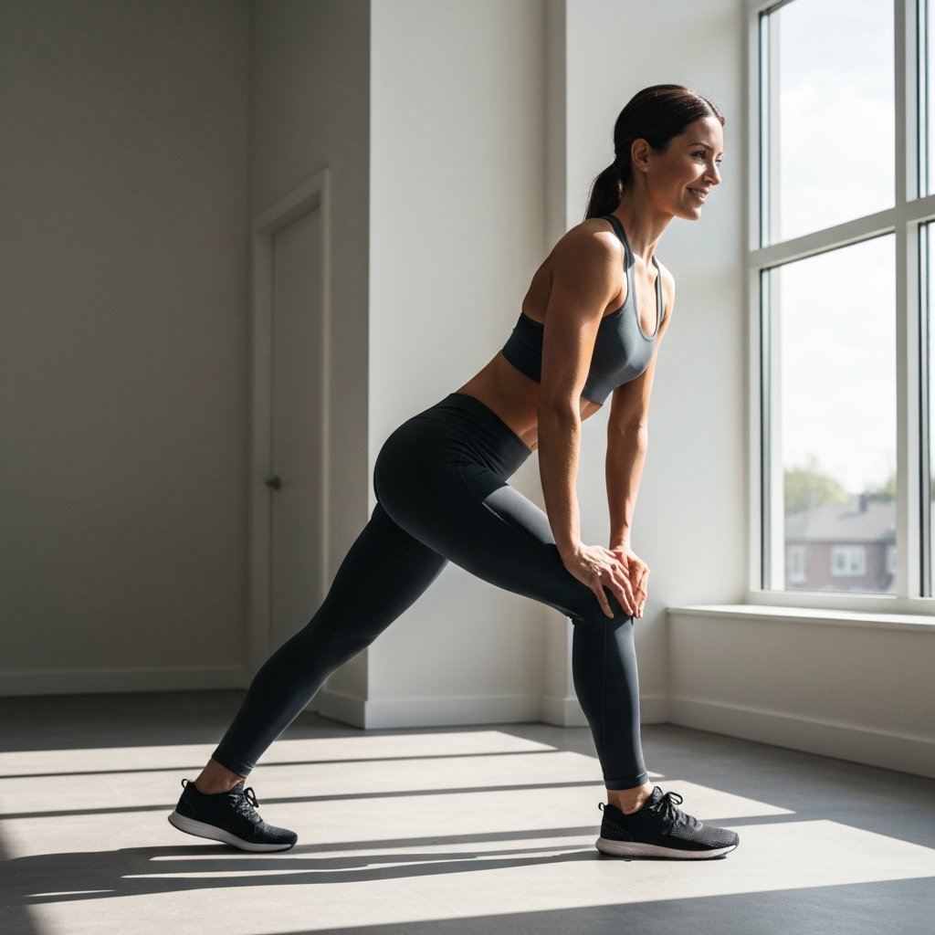 A woman in athletic wear, performing a light workout in a bright, modern gym. Sunlight streams through the window, illuminating the dust motes in the air. Focus on her form and the subtle definition of her muscles. She is smiling slightly.