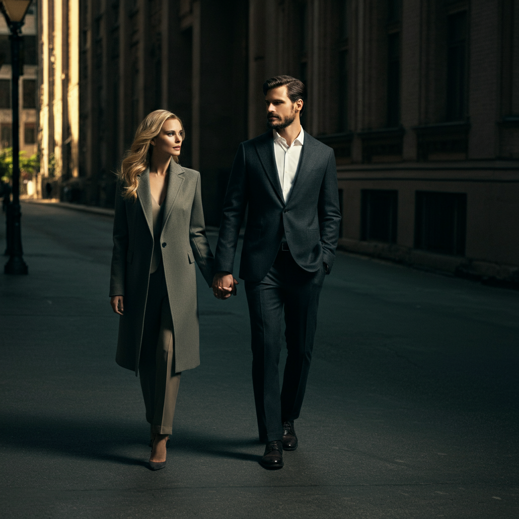 A couple walking hand-in-hand down a city street. The man is slightly taller than the woman, and they are both dressed in casual, stylish clothing. The scene is shot from a medium distance, capturing their body language and the urban environment around them. The lighting is soft and natural.