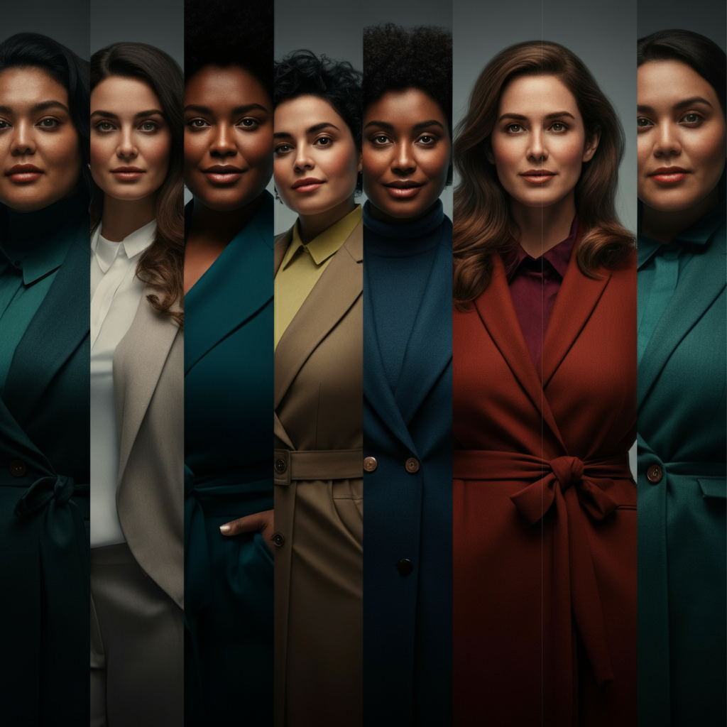 A montage of diverse women, each showcasing a different body type, ethnicity, and style. The lighting is bright and even, emphasizing the individual features and personalities of each woman. They are all smiling and exuding confidence. The background is simple and uncluttered.
