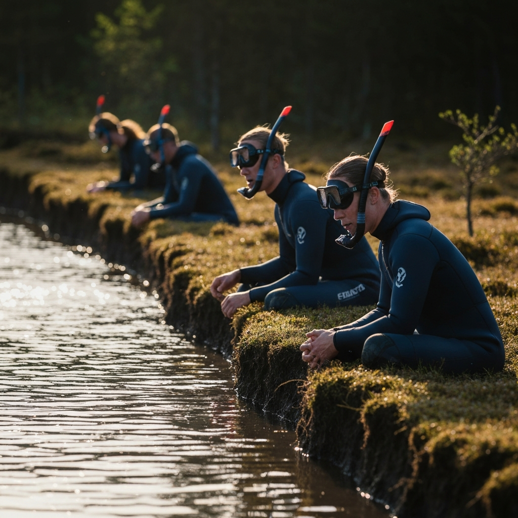 A wide shot of a peat bog, with several competitors in wetsuits and snorkels lined up at the edge of a murky trench. Sunlight reflects off the water surface, creating a dappled effect. Focus is soft on the background, highlighting the texture of the bog and the determination in the athletes' faces.