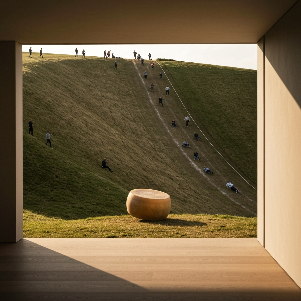 A side view of Cooper's Hill during a cheese rolling event. The hill is extremely steep, with participants visible as small figures tumbling down. Focus is sharp on the cheese wheel bouncing ahead of the pack, bathed in golden hour sunlight, with a slight blur to convey speed.