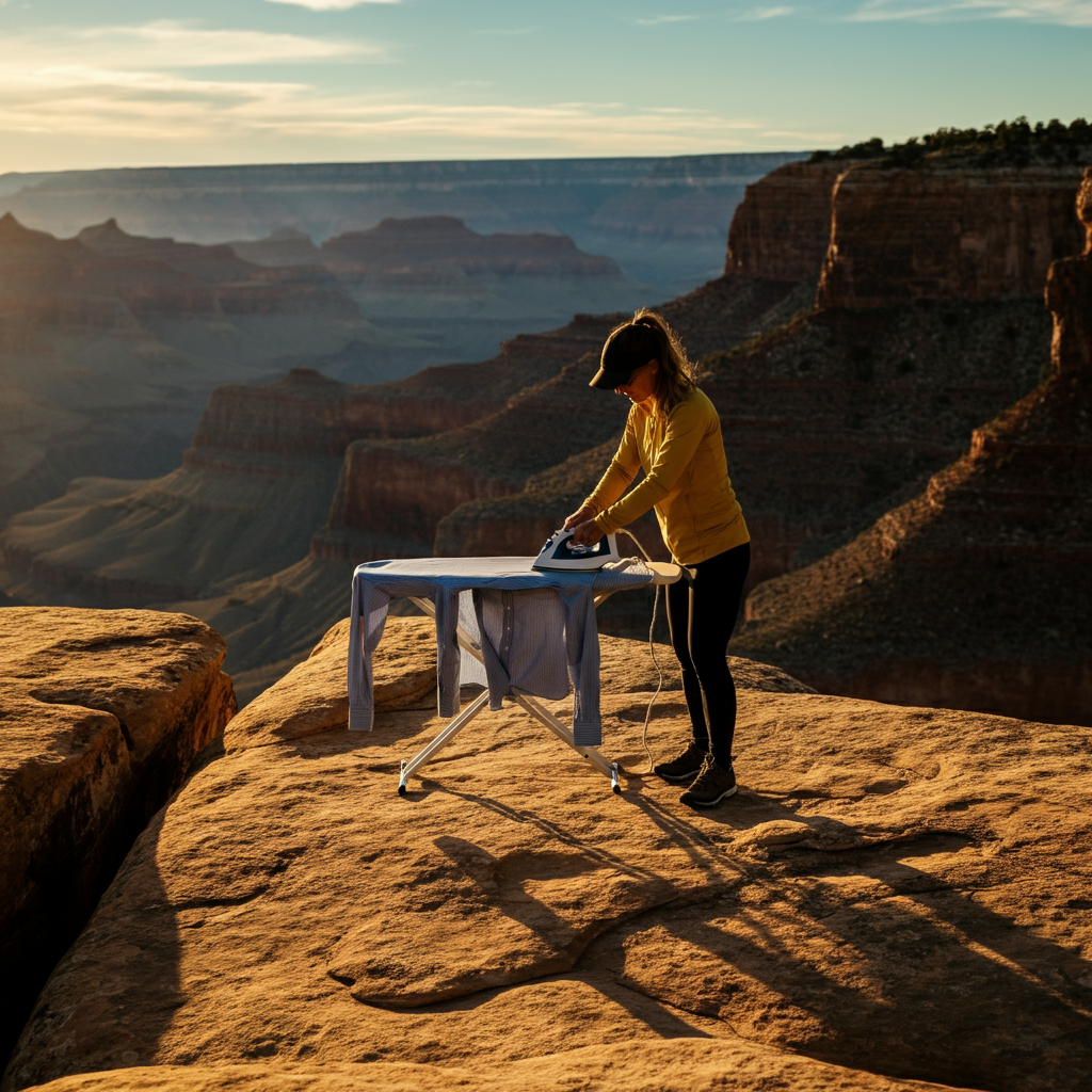 A mid-shot of a person ironing a shirt on a small, collapsible ironing board perched precariously on a rocky ledge overlooking a vast canyon. The sun is side-lighting the scene, creating strong shadows and highlighting the texture of the rocks and the crispness of the ironed shirt. The person is wearing appropriate hiking gear.