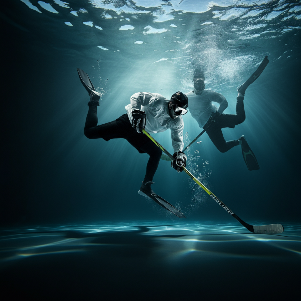 An underwater shot of two underwater hockey players battling for the puck. The water is clear with diffused light filtering from above. The players are wearing masks and fins, and their movements create swirling patterns in the water. Focus is sharp on the puck and the sticks.
