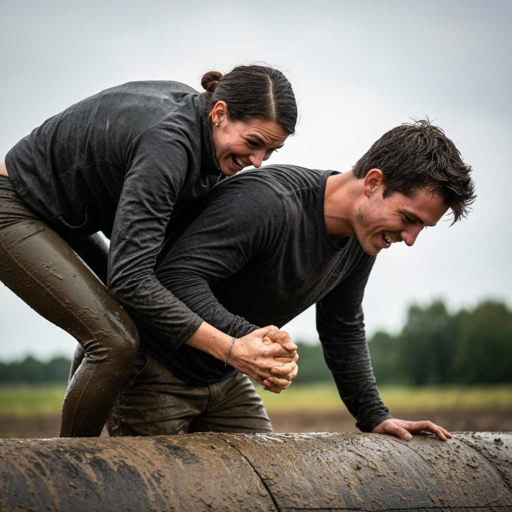 A close-up shot of a "husband" carrying a "wife" upside down on his back, navigating a muddy obstacle. They are both laughing and covered in mud. The lighting is overcast, creating a soft, even illumination. Focus is on their intertwined hands and the determination in their expressions.