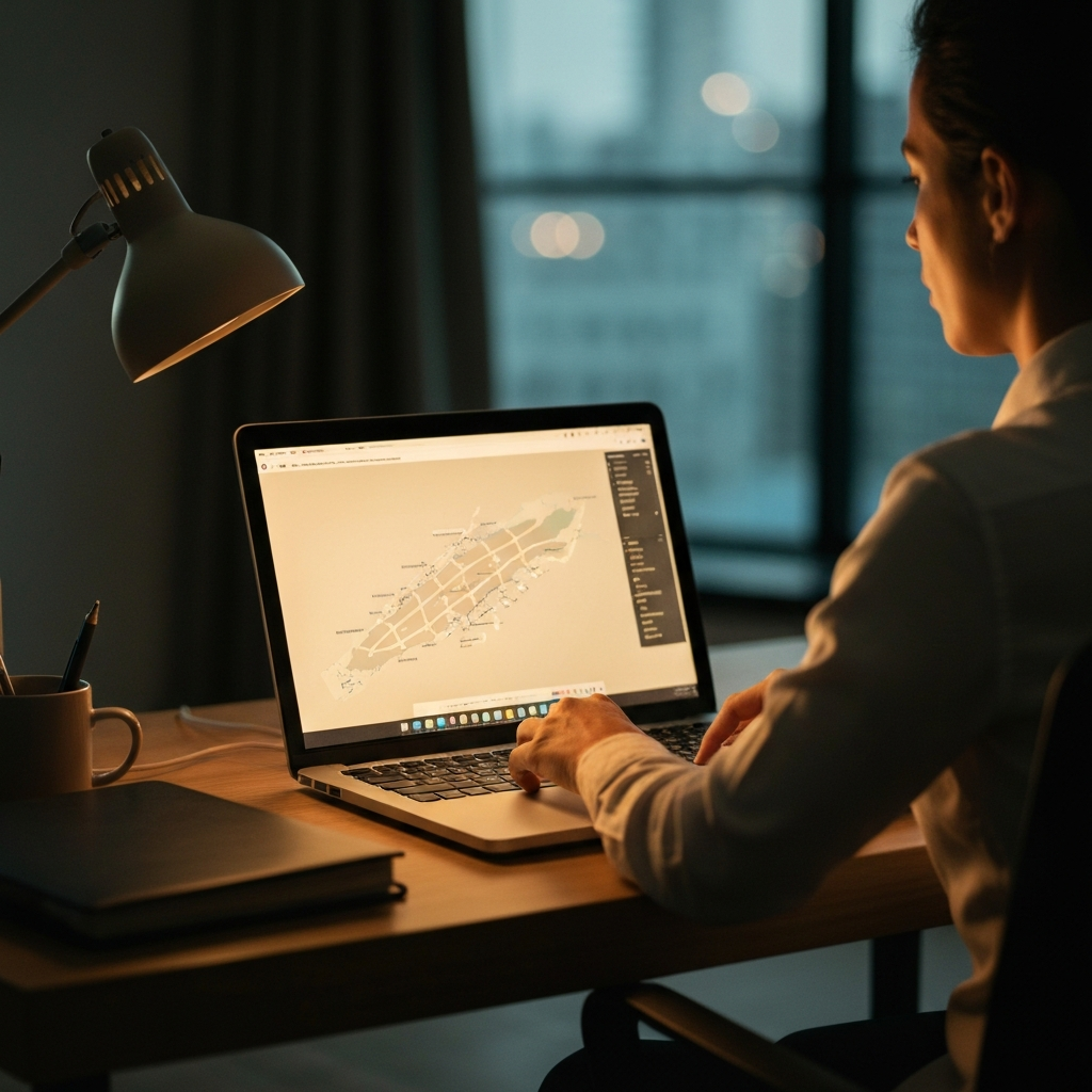 A traveler sits at a desk, illuminated by the warm glow of a laptop screen, reviewing an airport map on the screen. Soft bokeh in the background suggests a comfortable home office. The laptop screen displays a detailed airport terminal map.