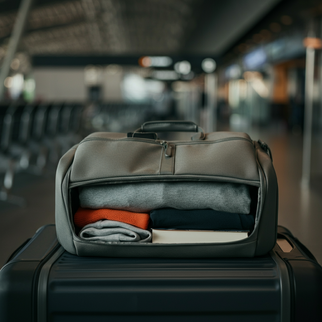 An open carry-on bag on a luggage rack in an airport. Soft, diffused lighting reveals neatly folded clothes, a travel pillow, a charging cable, and a paperback book. The background is blurred, suggesting a busy airport environment.