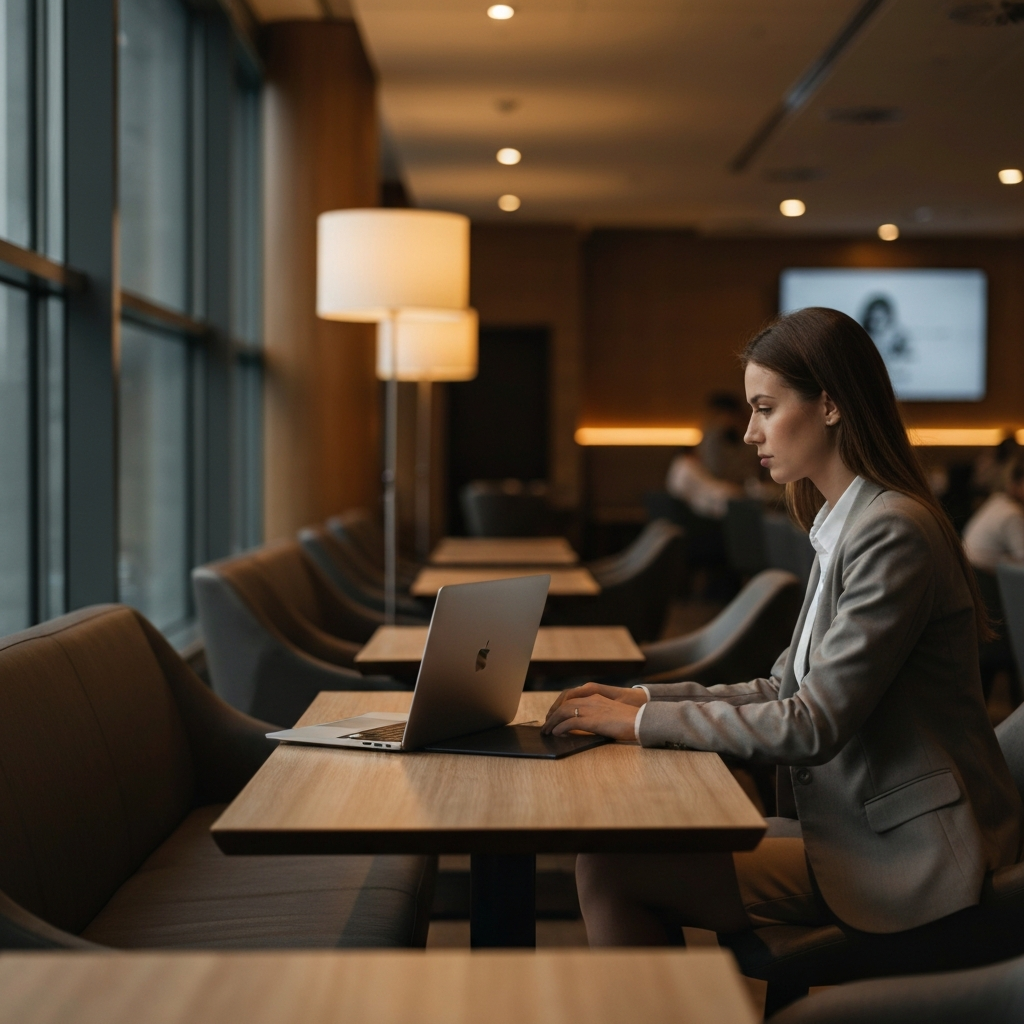 A woman works on a laptop at a table in an airport lounge. The lighting is warm and inviting, highlighting the polished surfaces and comfortable seating. Soft background music and ambient chatter create a relaxed atmosphere.