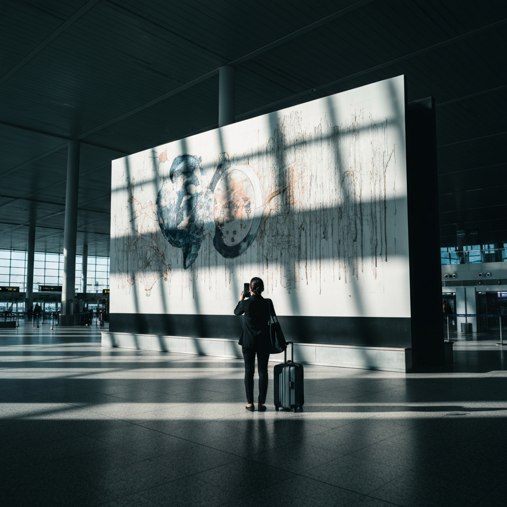 A traveler stands in front of a large, modern art installation in an airport terminal. Natural light streams through the high ceilings, illuminating the artwork and casting long shadows. The traveler appears to be taking a photo of the art with a smartphone.