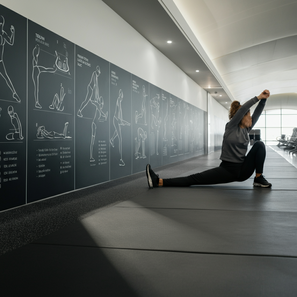 A person is stretching in a dedicated stretching area in an airport. The area has padded flooring and wall-mounted diagrams illustrating various stretches. Soft, natural light streams in through a nearby window.