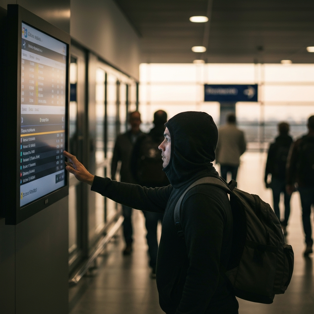 A traveler looks at an airport information screen showing flight details and gate information. The screen is brightly lit, and the traveler is focused on the information displayed. Other passengers are walking past in the background.