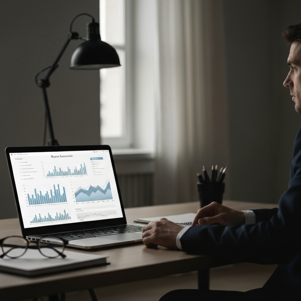 A laptop screen displaying a market research graph, illuminated by the soft glow of the screen. A pair of glasses rest on the desk beside the laptop. The room is dimly lit, creating a focused and professional atmosphere.