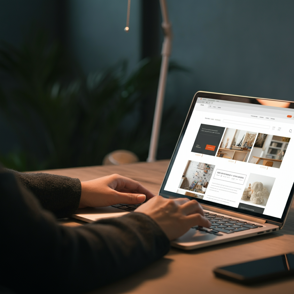 A person working on a laptop at a modern desk in a bright and airy office. The laptop screen shows a well-designed website portfolio. Soft bokeh in the background highlights the clean lines and professional environment.