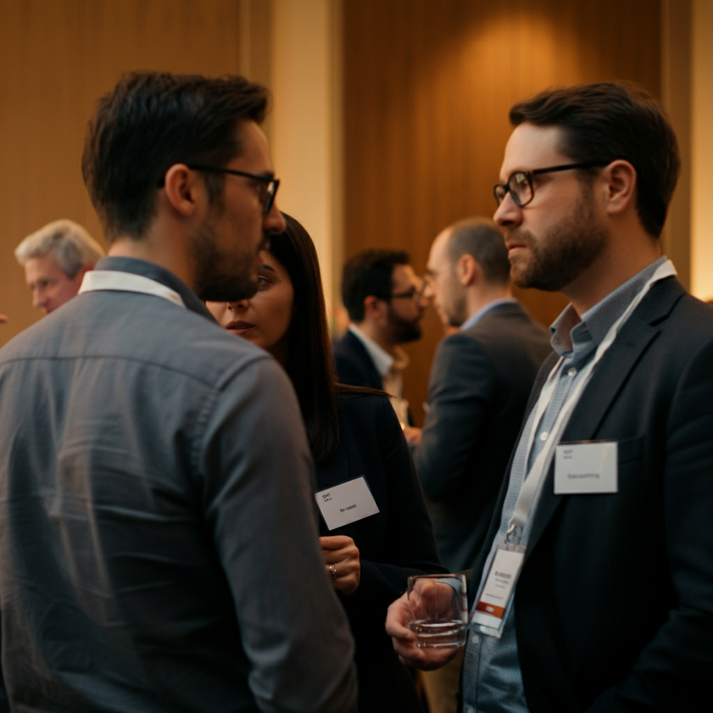A group of professionals networking at a conference, engaged in lively conversation. The room is well-lit and bustling, with soft, warm lighting. Name tags are visible on some attendees, and the overall atmosphere is collaborative and professional.