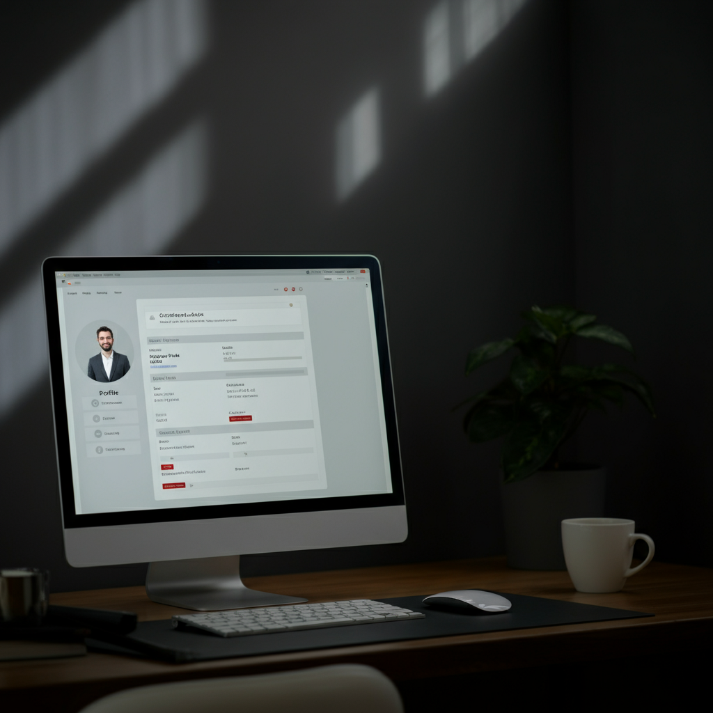 A close-up of a computer screen displaying a freelance platform interface. The screen shows a profile with a professional headshot, skills listed, and client testimonials. The lighting is soft and diffused, emphasizing the information on the screen.