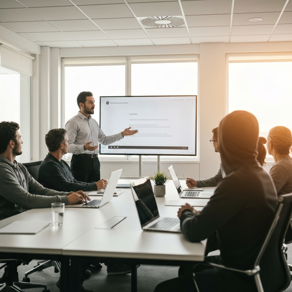A consultant leading a meeting with a team in a modern office conference room. The consultant is gesturing towards a presentation on a large screen, and the team is engaged in the discussion. The room is brightly lit and features clean, minimalist design.