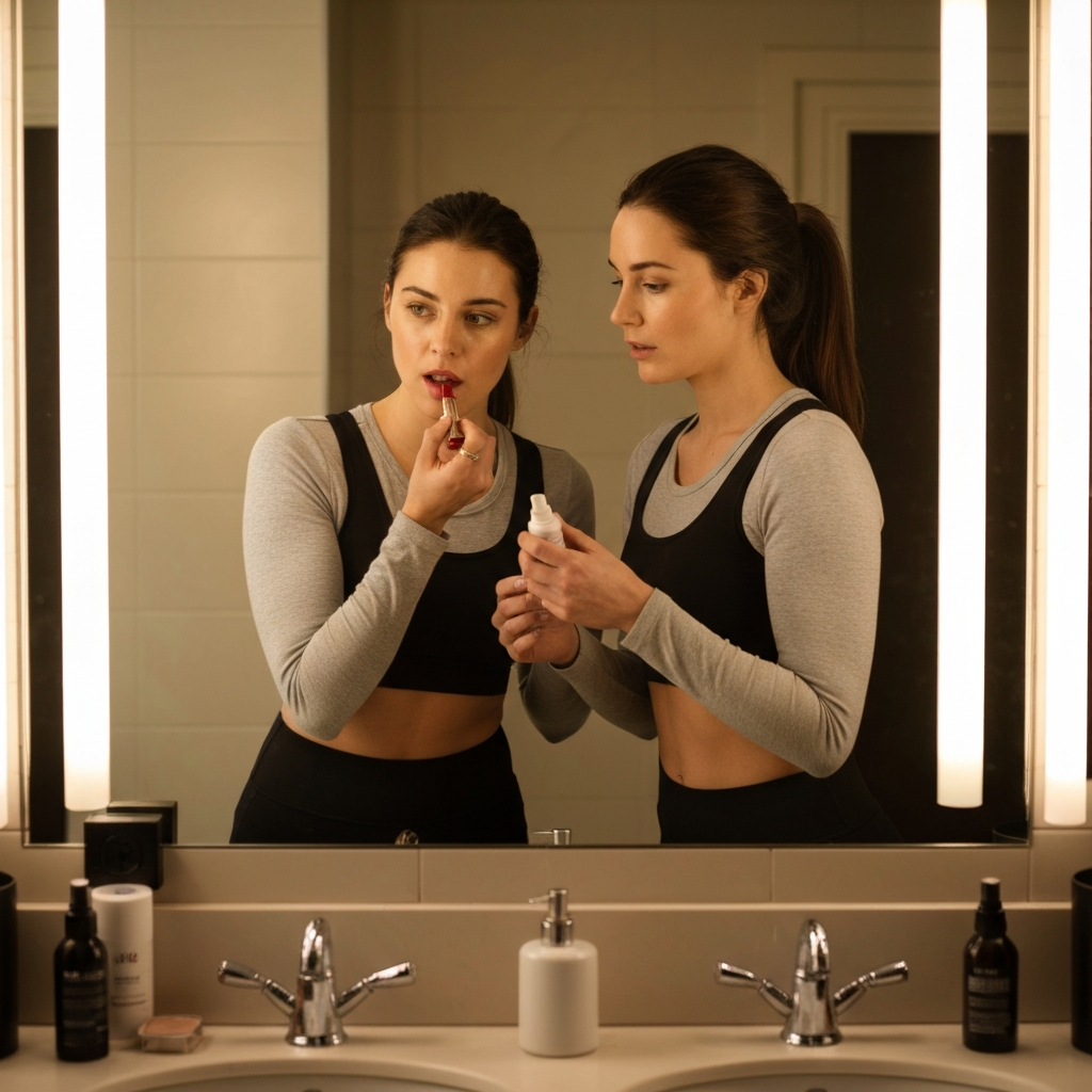 A brightly lit restroom vanity area. Two women are standing side-by-side at the mirror. One is applying lipstick while the other offers a small hairspray bottle. The lighting is clear and flattering, emphasizing the textures of their skin and the reflective surfaces of the mirror and cosmetics.