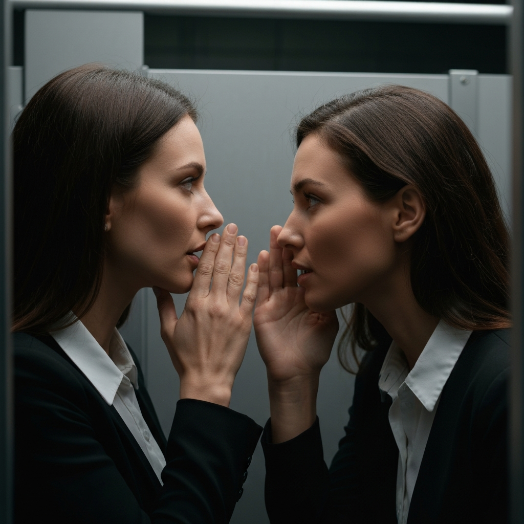 Two women whispering conspiratorially in a dimly lit restroom stall. The focus is on their facial expressions, highlighting the element of secrecy. Soft, diffused lighting creates a sense of intimacy and confidentiality.
