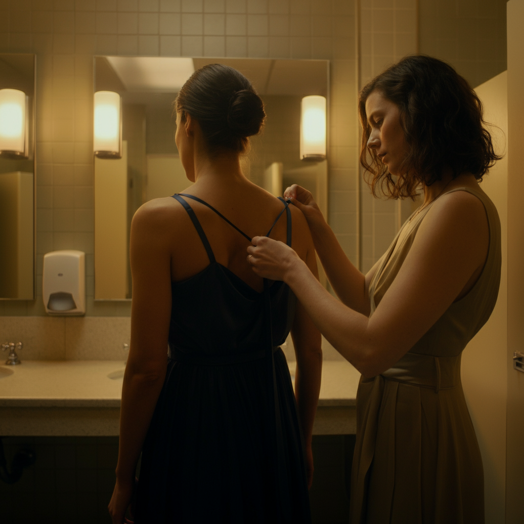 Two women in a restroom, one assisting the other with adjusting a dress strap. The light is focused on the detailed texture of the dress fabric, showing professional clothing in a clean restroom environment.