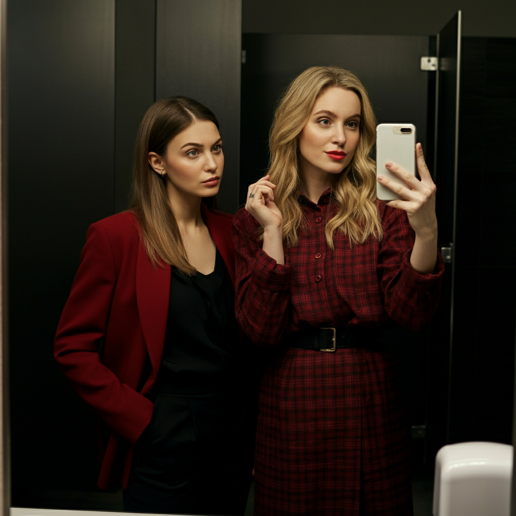 Two women posing for a selfie in a well-lit restroom mirror. One is holding up a phone, capturing the moment. The lighting is bright and flattering, highlighting their smiles and fashionable outfits. Focus on natural posing and professional clothing.