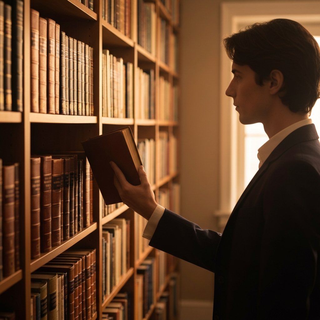 A warmly lit study, filled with bookshelves overflowing with books. A hand reaches out to pull a leather-bound volume from the shelf. Soft bokeh in the background emphasizes the textures of the books and the warm light.