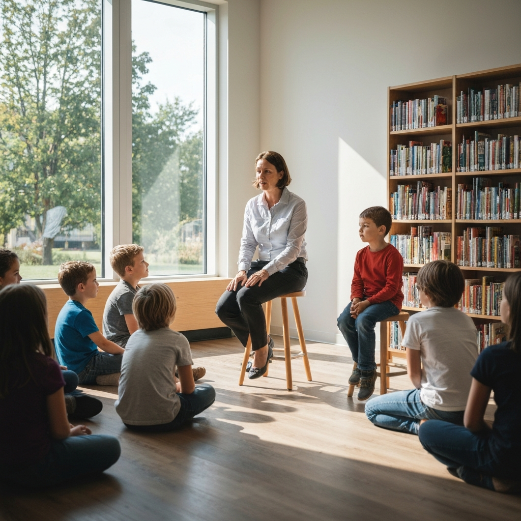 A brightly lit children's library. A storyteller, dressed in casual professional attire, sits on a stool surrounded by children. Sunlight streams through a large window, illuminating the faces of the children as they listen intently. The background is softly blurred.