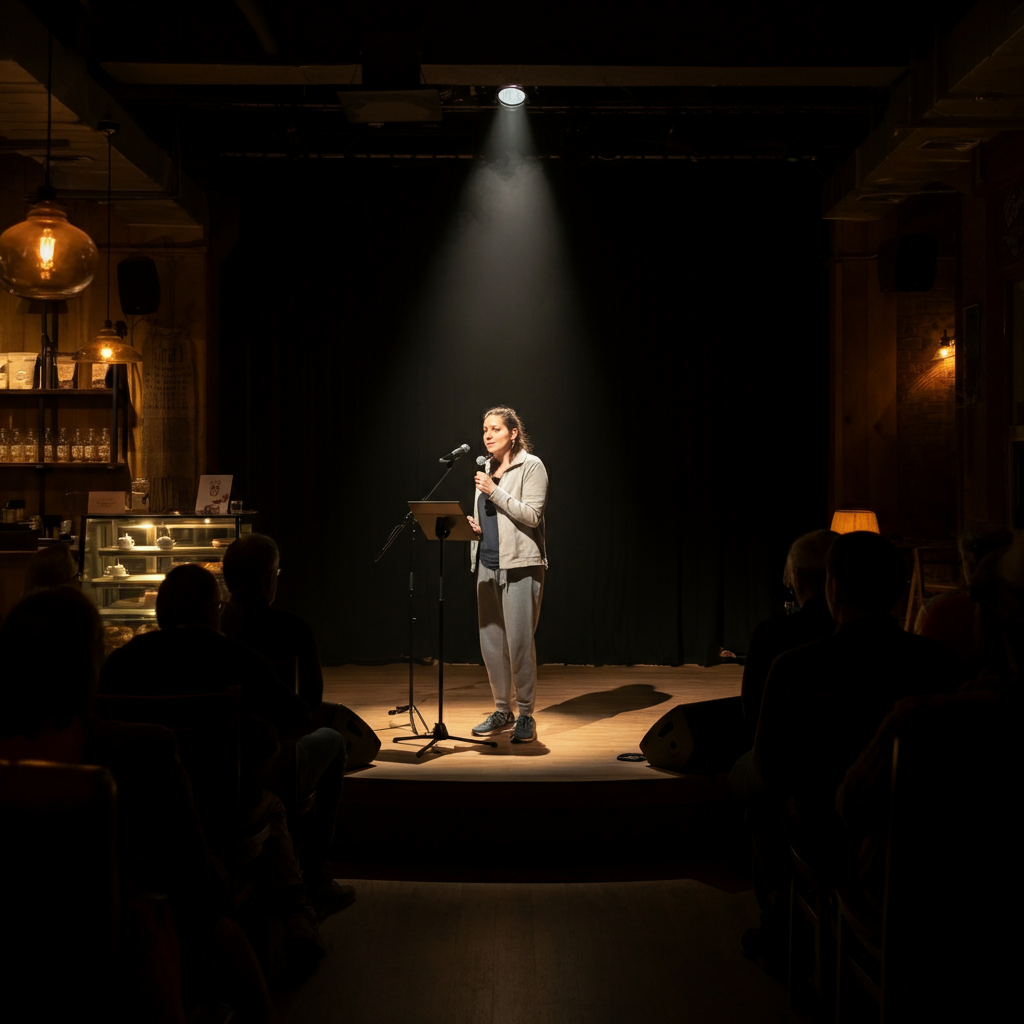 A dimly lit stage in a coffee shop. A storyteller stands center stage, illuminated by a single spotlight. They are dressed in comfortable yet stylish clothing. The audience is blurred in the background, creating a sense of intimacy and focus on the storyteller.