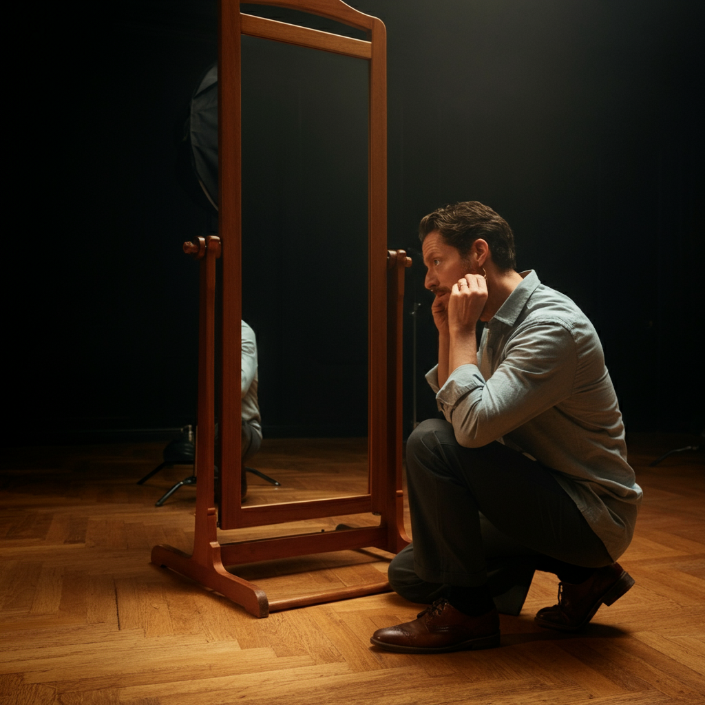 A rehearsal room. A storyteller practices in front of a mirror, adjusting their posture and facial expressions. Natural light floods the room, highlighting the texture of the wooden floor and the determined expression on the storyteller's face.