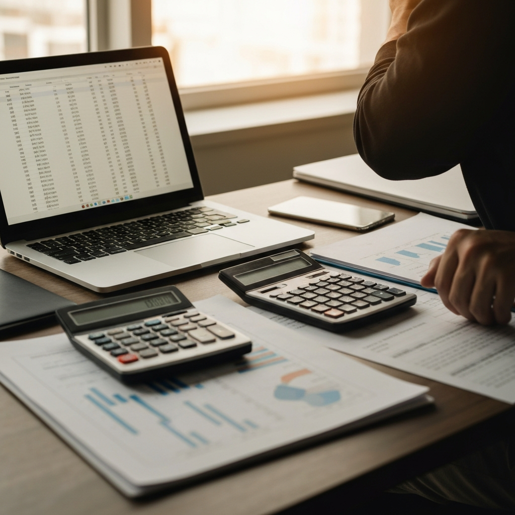A desk with neatly organized financial documents, a calculator, and a laptop displaying a spreadsheet. The desk is well-lit and professional. The lighting is even and highlights the crispness of the paperwork.