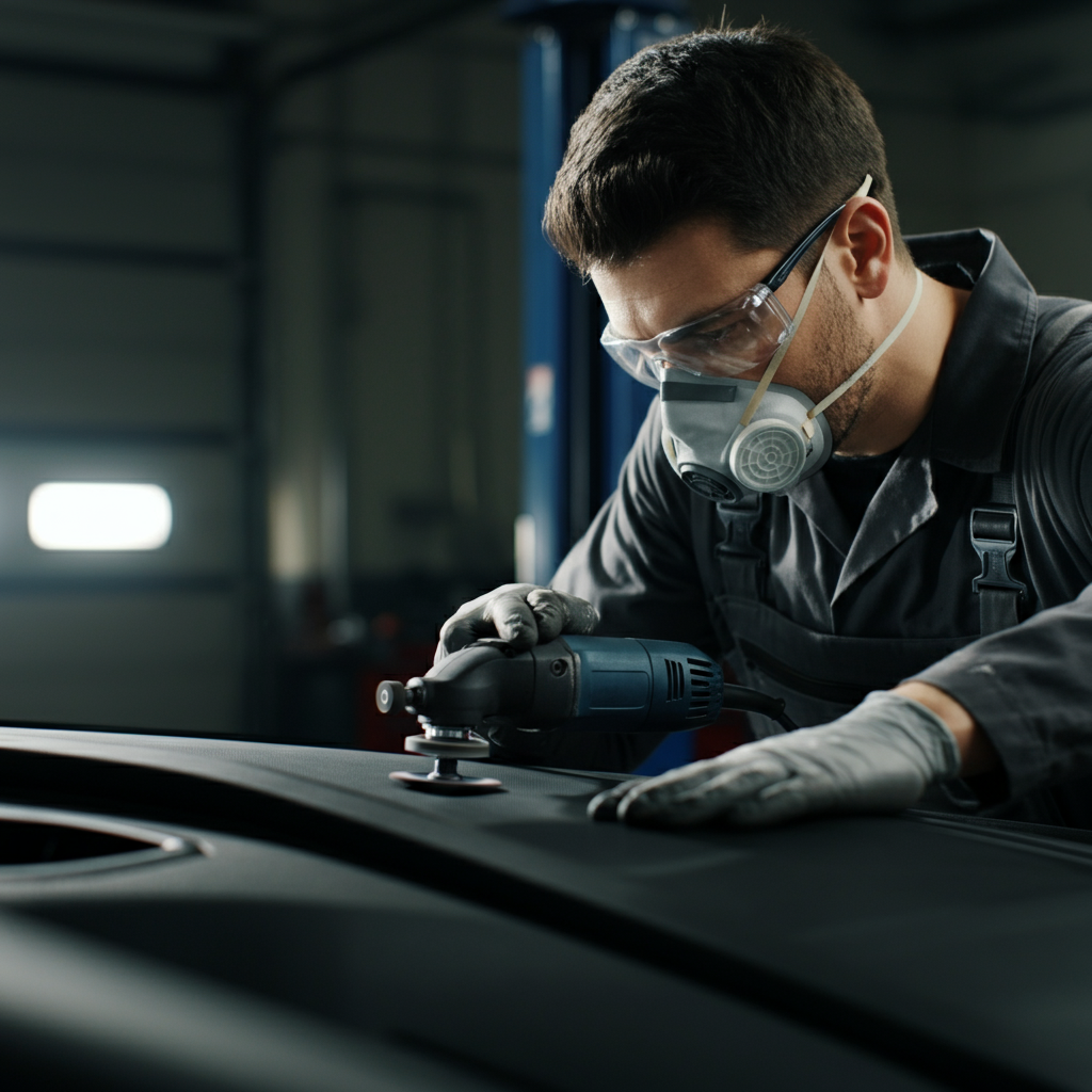 Automotive repair shop. A mechanic, wearing safety glasses and a dust mask, carefully uses a rotary tool on a car dashboard. Bright workshop lighting.