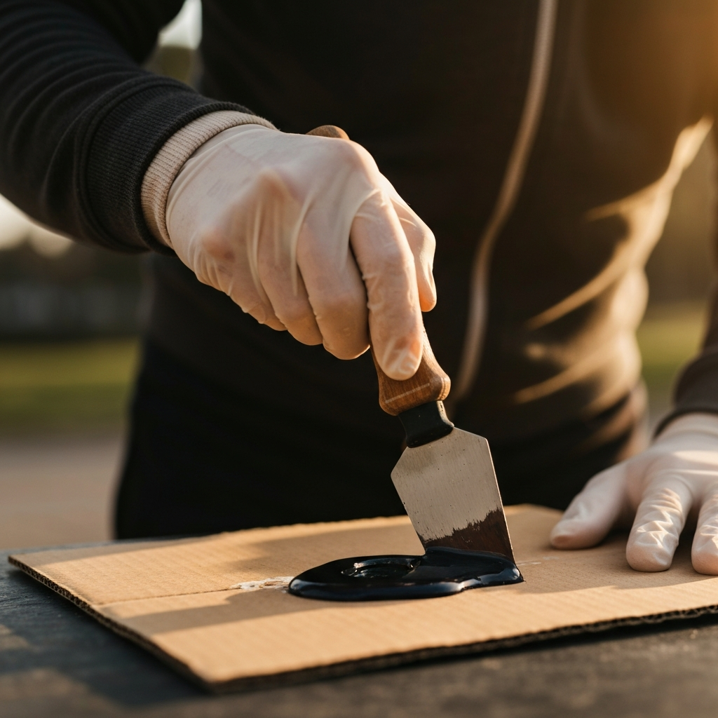 A pair of gloved hands expertly mixing epoxy on a piece of cardboard with a putty knife. Soft bokeh in the background.