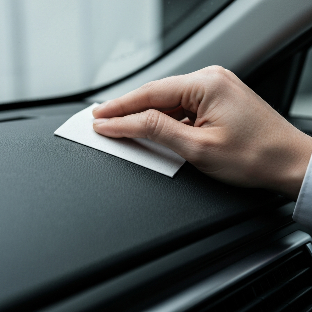 Close-up of a hand sanding the dashboard using sandpaper. The texture of the sandpaper and the dashboard are clearly visible.