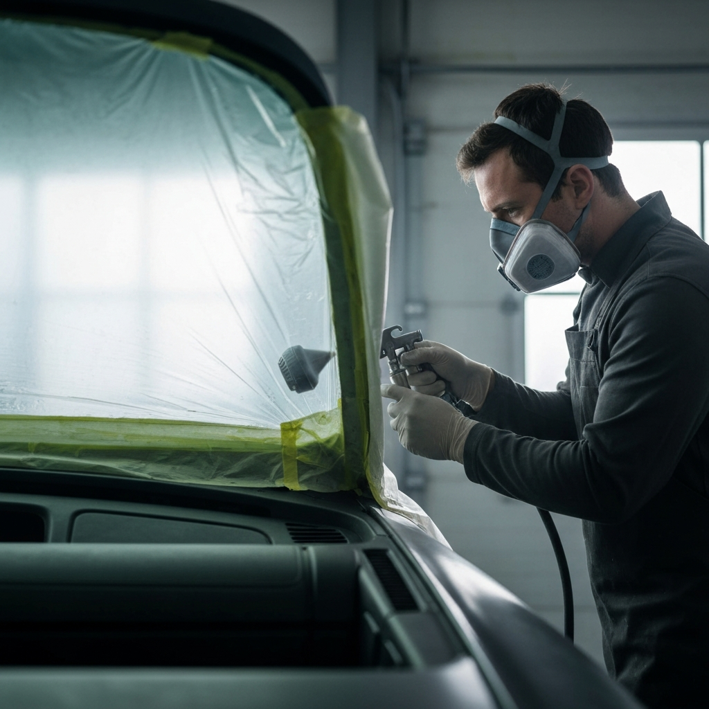 Well-lit garage interior. A person wearing a dust mask spraying the dashboard with a spray gun. The car’s windshield is masked off with plastic sheeting.