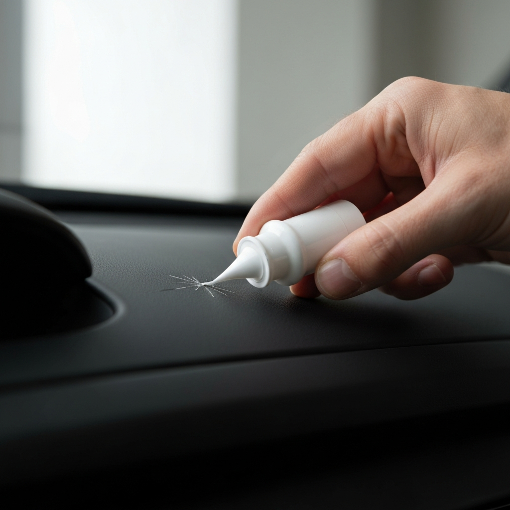Close-up of a hand applying moldable glue to a small crack on a dashboard. Soft, diffused lighting.