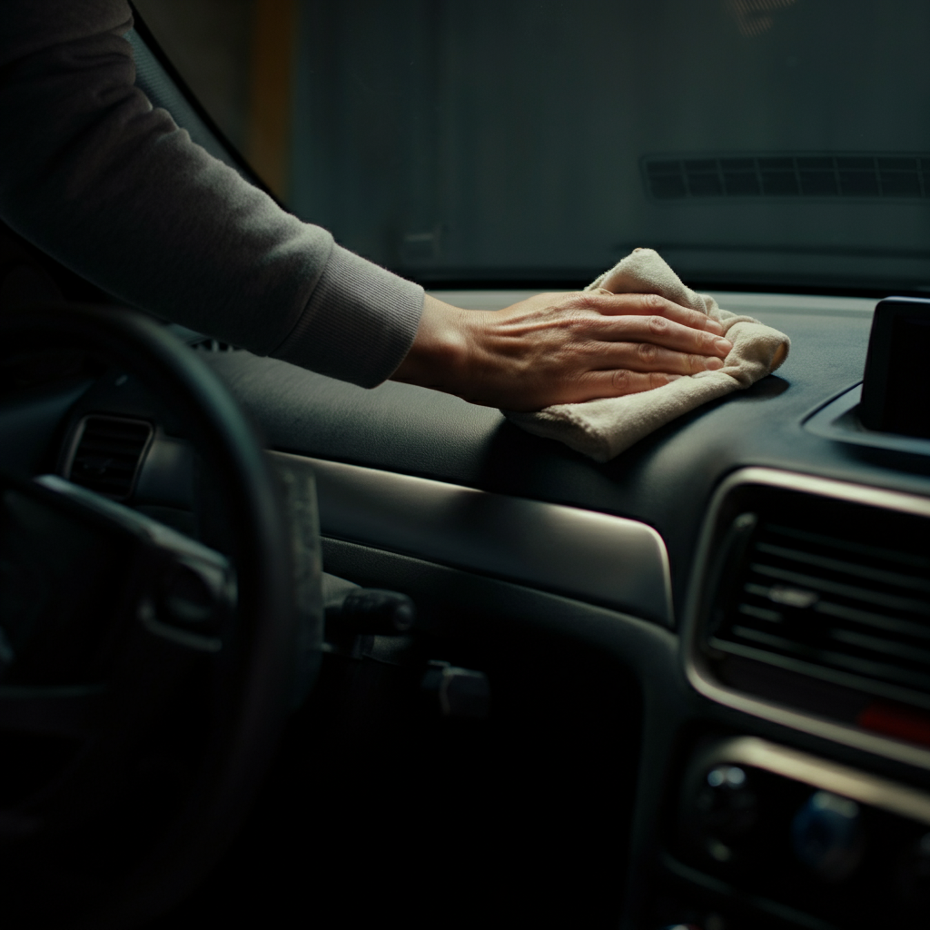 A person carefully dabbing paint onto a dashboard using a soft cloth. Good ventilation visible.