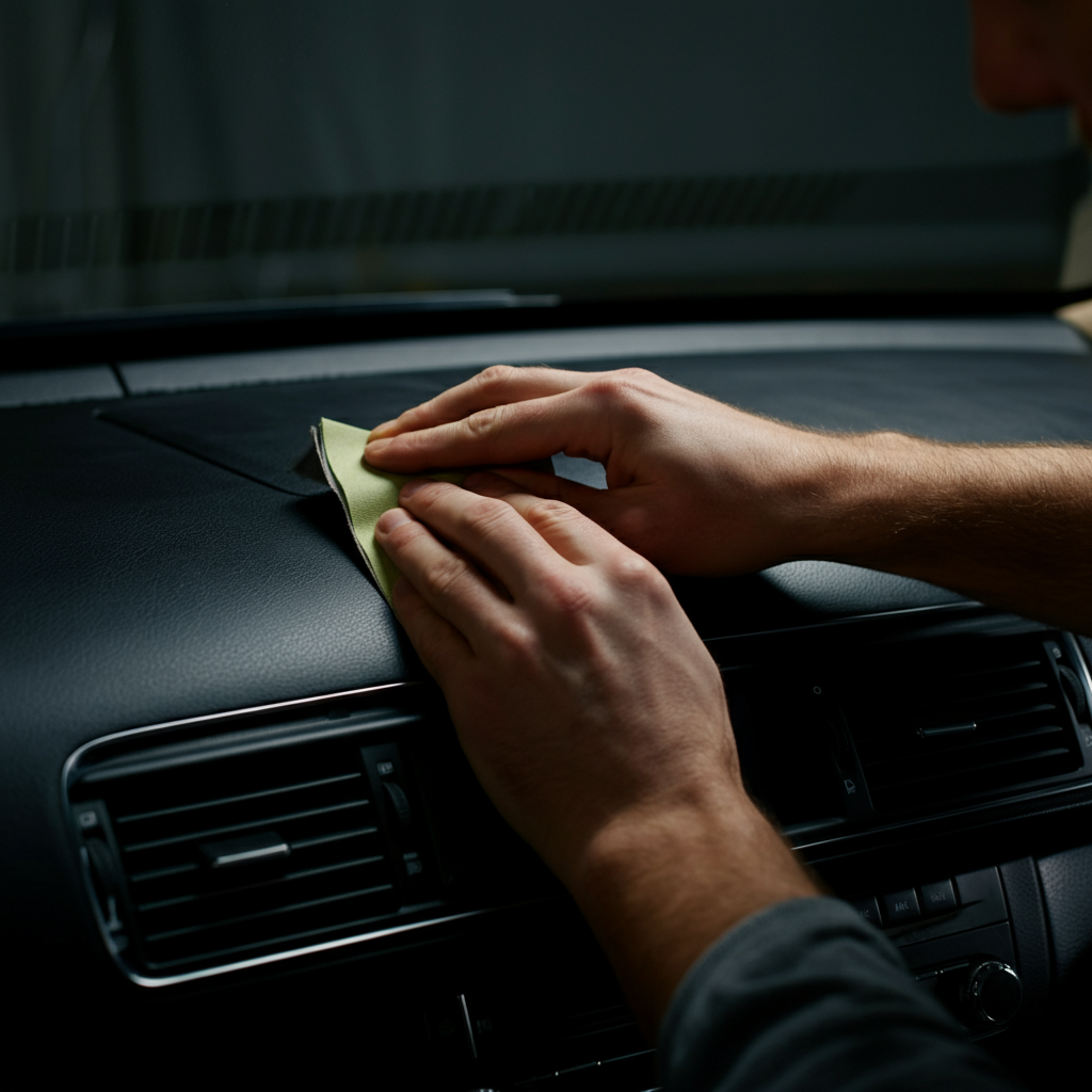 A person smoothing the surface of a dashboard with sandpaper in preparation for an overlay. Focus on the texture of the dashboard and the sandpaper.