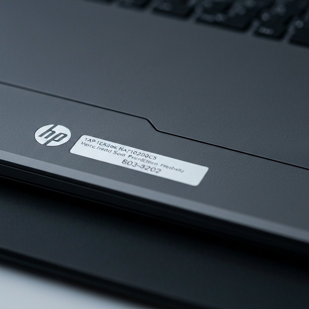 Close-up shot of an HP notebook's underside, focusing on the product number sticker. Soft, diffused lighting highlights the text, with a shallow depth of field to blur the surrounding surface.
