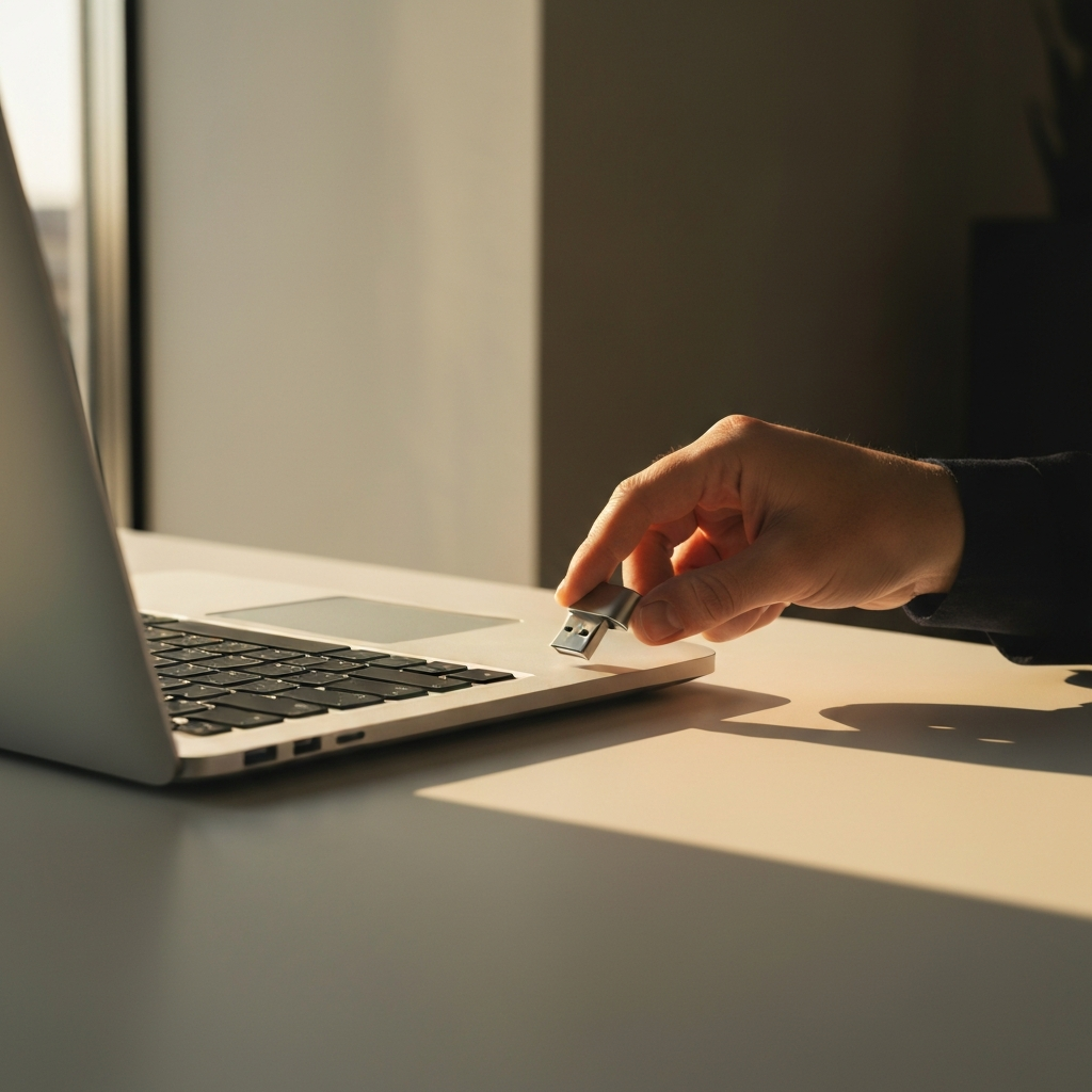 A hand inserting a USB flash drive into a laptop's USB port. The laptop sits on a clean, modern desk. Golden hour lighting streams through a nearby window, casting warm highlights on the metallic surface of the laptop.