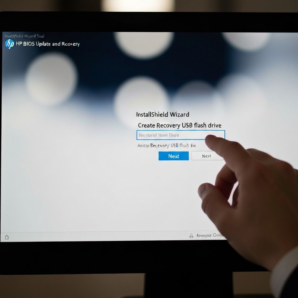 A computer screen displaying the InstallShield Wizard for the HP BIOS Update and Recovery tool. The "Create Recovery USB flash drive" option is highlighted, and a hand is about to click the "Next" button. Soft bokeh blurs the background, emphasizing the screen.