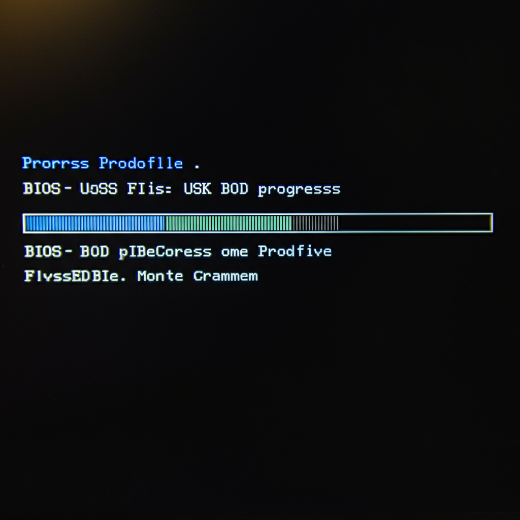 A progress bar on a computer screen showing the BIOS files being copied to the USB drive. The screen is brightly lit, and the progress bar is clearly visible. A subtle reflection of the surrounding room is visible on the screen's surface.