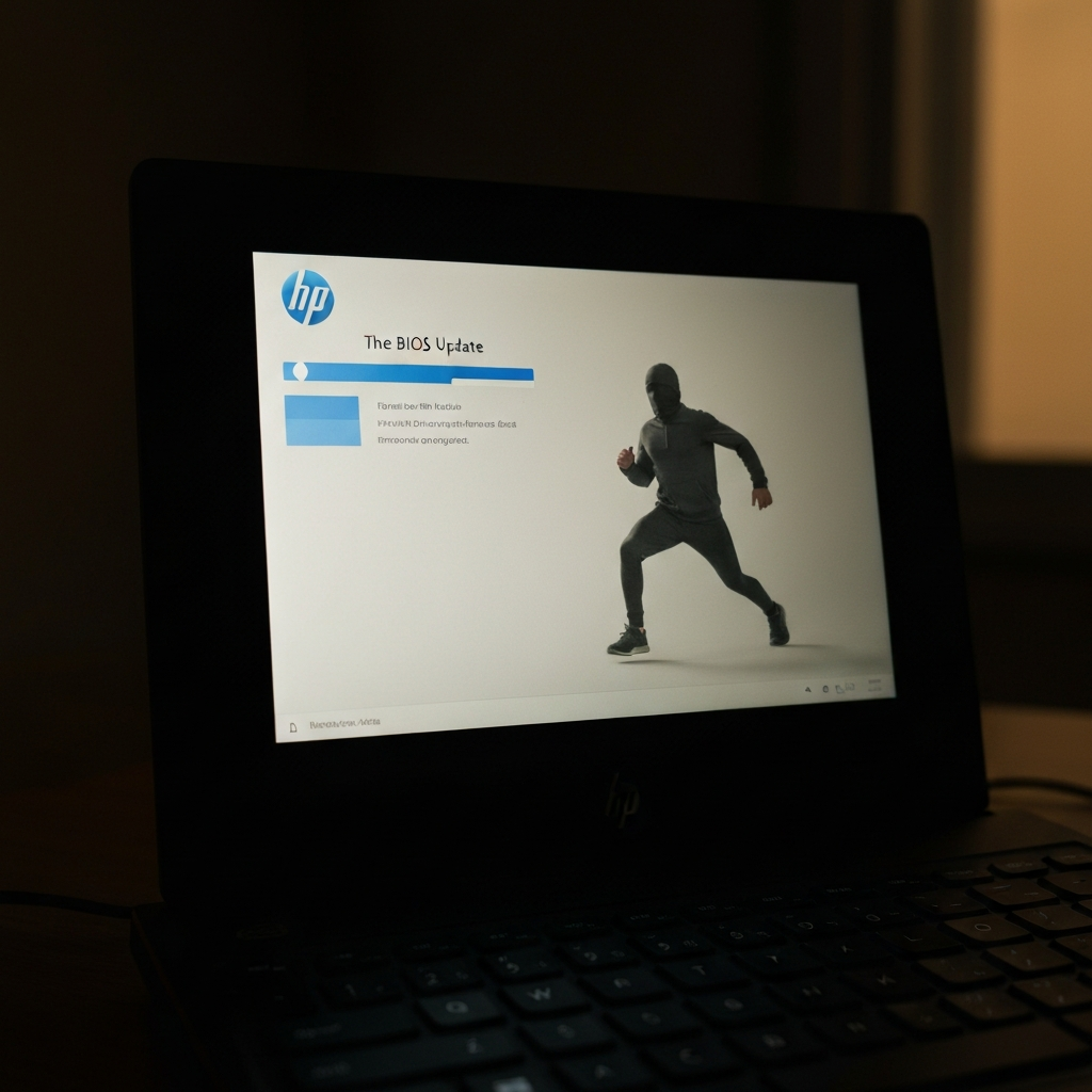 The HP BIOS Update screen displayed on the notebook's screen. The screen is softly illuminated, and the progress bar is clearly visible. The room is dimly lit, creating a dramatic contrast and emphasizing the screen.