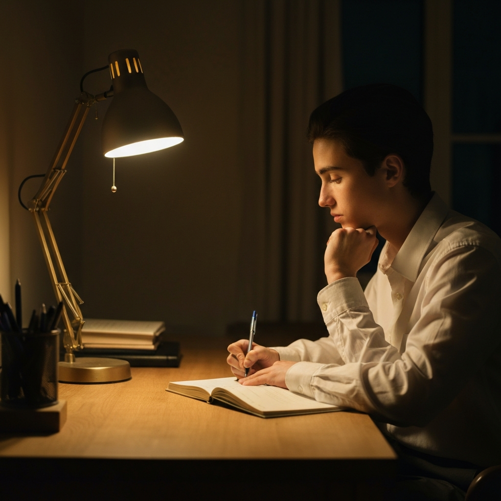 Softly lit home office. A young person sits at a wooden desk, thoughtfully writing in a journal. A lamp with a warm glow illuminates their face and the pages of the journal, creating a sense of quiet introspection.