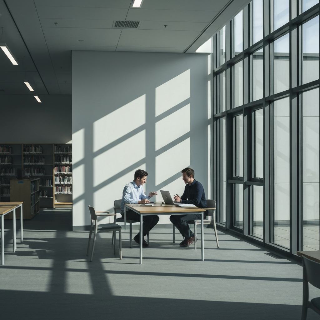 A bright, modern library. Two students sit at a table, laptops open, discussing career options. Sunlight streams through the large windows, casting long shadows across the room.