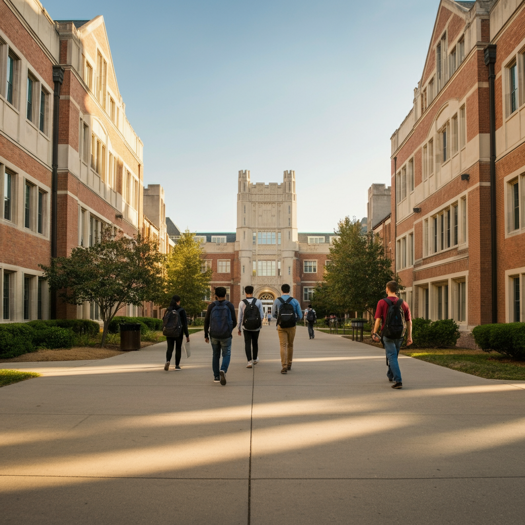 A bustling university campus. Students walk between buildings, carrying books and backpacks. A wide shot captures the architectural details of the buildings under a clear blue sky, with soft, diffused sunlight.