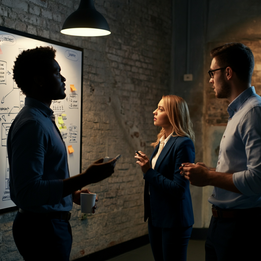 A collaborative workspace. Three young professionals are brainstorming around a whiteboard filled with ideas and diagrams. The lighting is soft and even, highlighting the textures of the exposed brick walls and modern furniture.