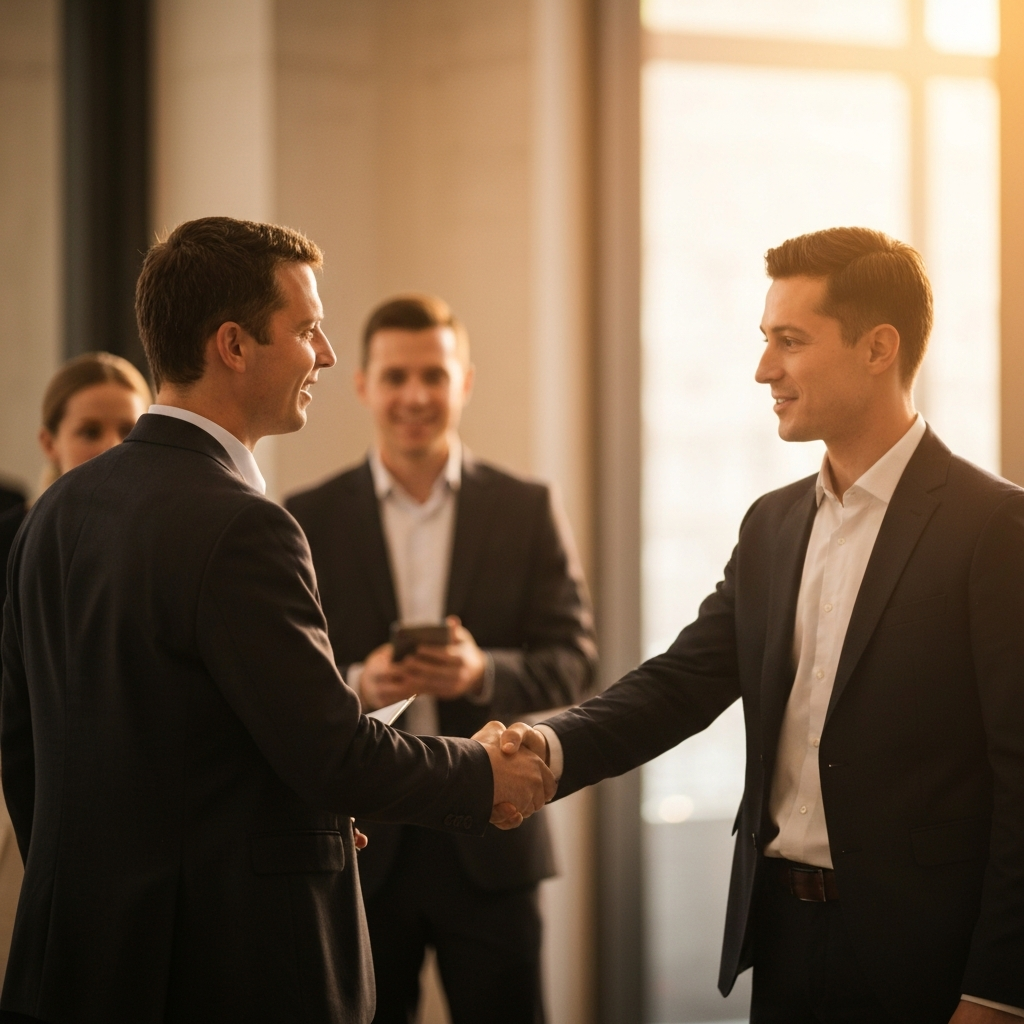 A professional networking event. Individuals are shaking hands and engaging in conversations. The lighting is warm and inviting, with soft bokeh in the background highlighting the sense of connection and collaboration.