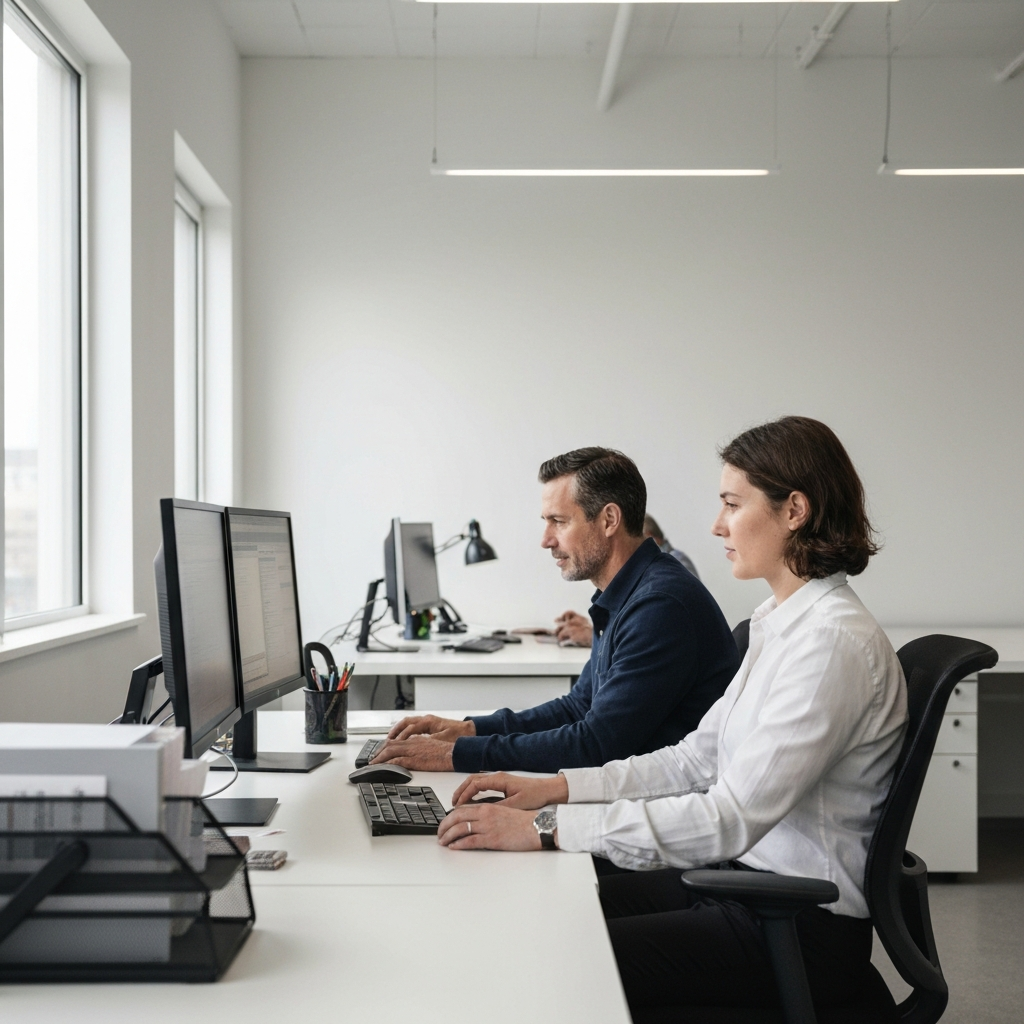 A bright and airy office space. An intern is working at a computer, collaborating with a senior employee. The scene is side-lit, emphasizing the textures of the office equipment and the focused expressions of the individuals.