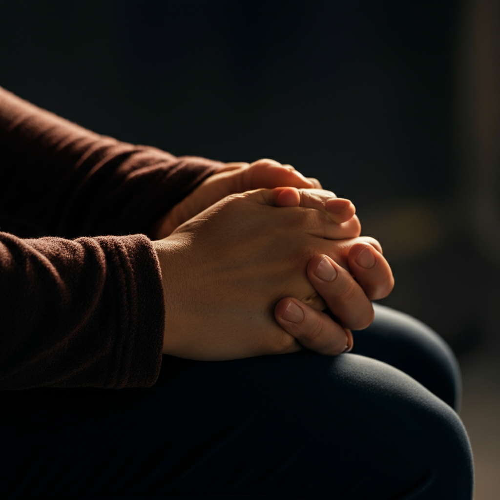A side-lit scene of two hands clasped together gently, suggesting comfort and support. Soft focus on the hands, with a neutral background. The skin tones are warm and natural.