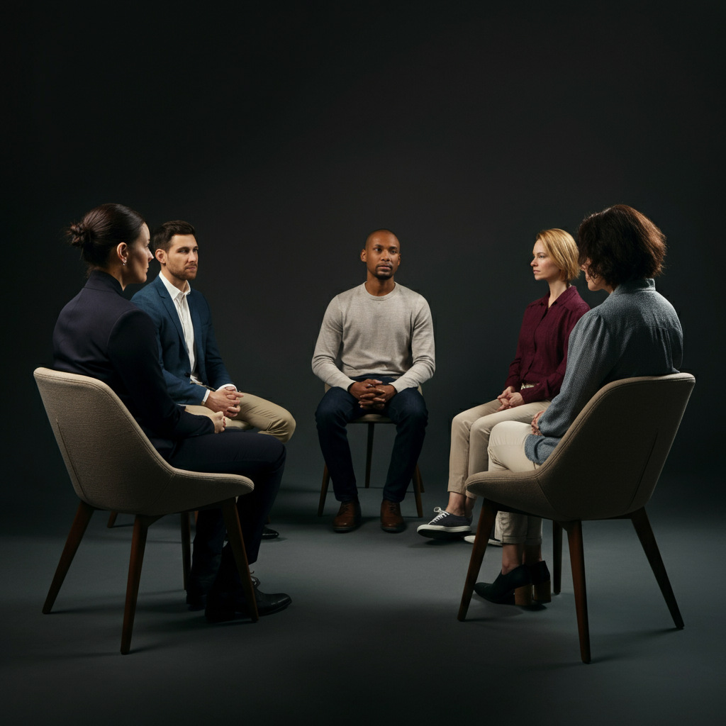 A small group of people sitting in a circle, engaged in a conversation. The room is softly lit and inviting, with comfortable chairs and neutral decor. Focus on the body language, conveying empathy and understanding.