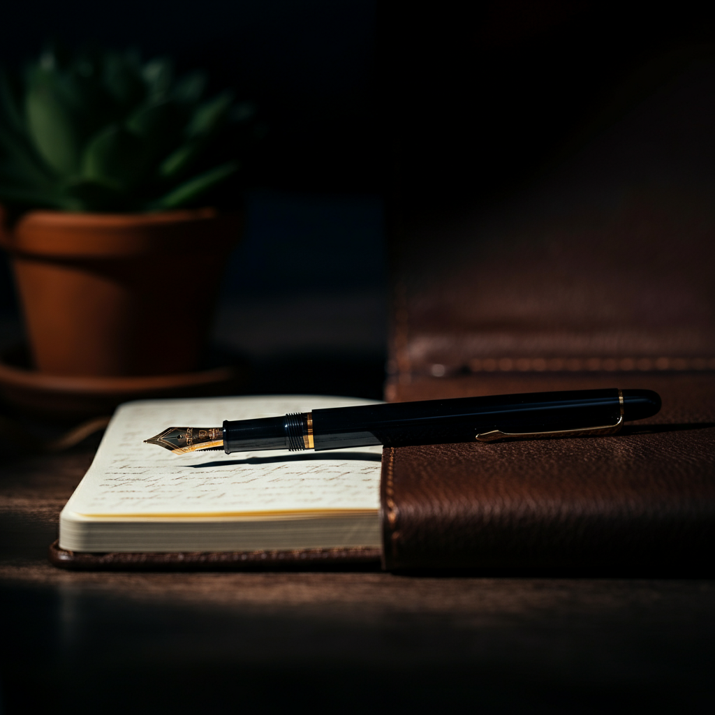 A fountain pen resting on a leather-bound journal. The journal is open, revealing handwritten entries. Soft, natural light illuminates the scene, creating a sense of intimacy and reflection.